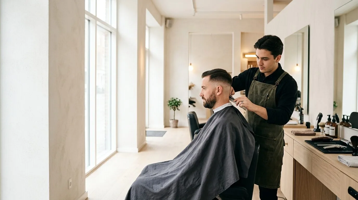 Barber cutting a client's hair in a bright, modern barbershop