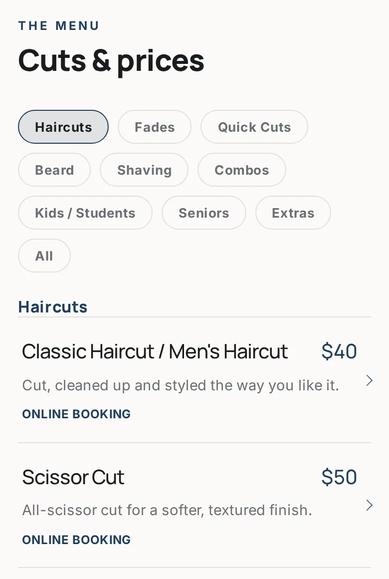 Phone view of a barbershop price menu with categories and cuts listed with NZD prices