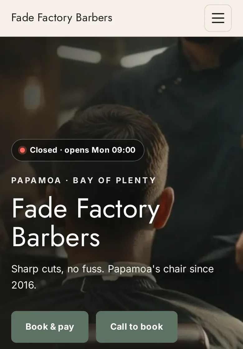 Scandi style barbershop website on a phone: light header, light type and sage green buttons