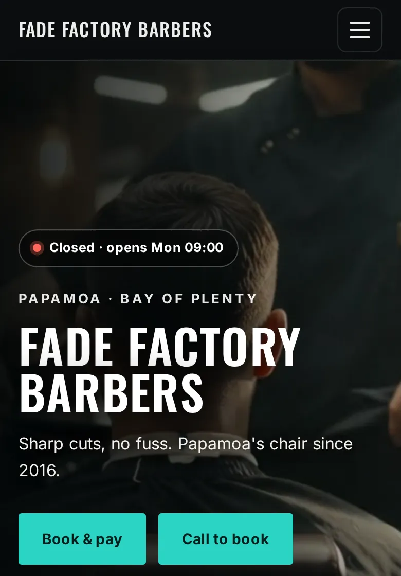 Urban style barbershop website on a phone: dark steel tones and bright accent buttons