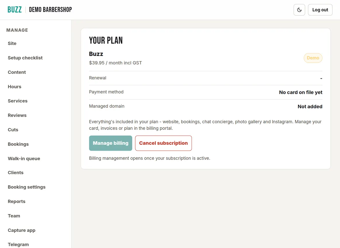 The Billing page in the Buzz console showing the plan, price, renewal date, payment method and the Manage billing and Cancel subscription buttons