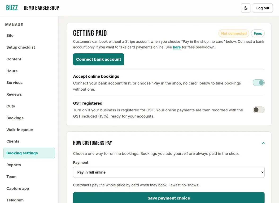 The Booking settings page in the Buzz console showing Getting paid, the Connect bank account button and the Accept online bookings switch