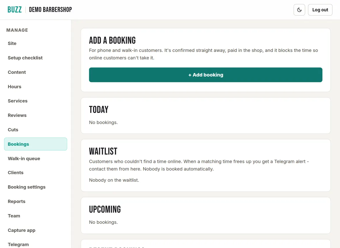 The Bookings page in the Buzz console with the Add booking button, Today, Waitlist and Upcoming sections