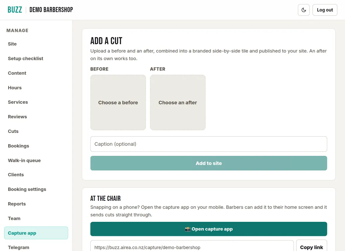 The Capture app page in the Buzz console with Before and After photo slots, a caption box and an Add to site button