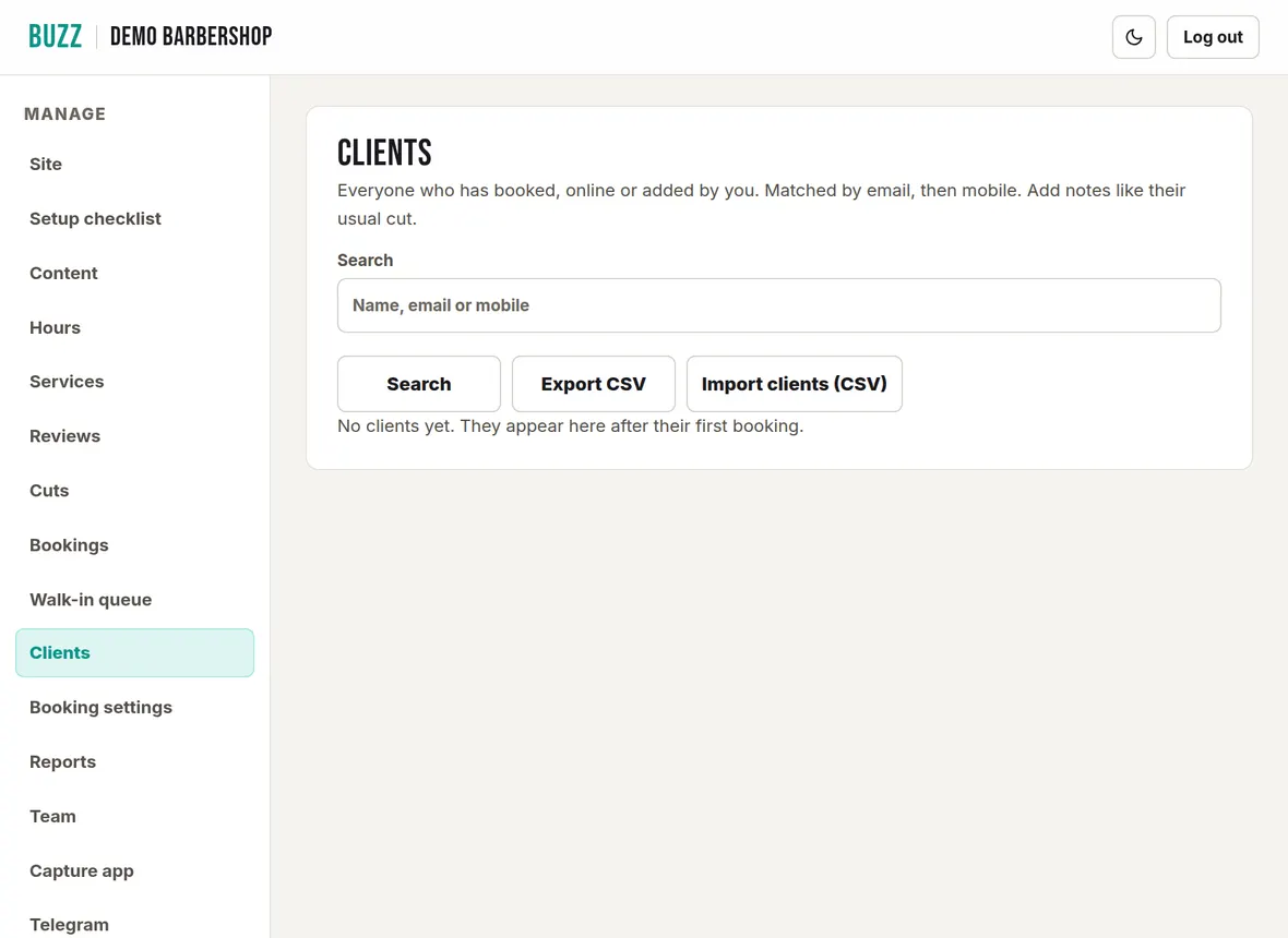 The Clients page in the Buzz console with a search box and Export CSV and Import clients buttons