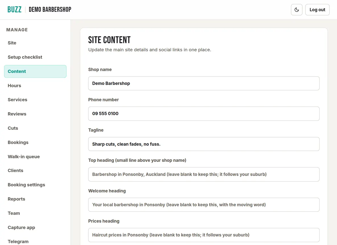 The Site content page in the Buzz console with fields for shop name, phone number, tagline and section headings