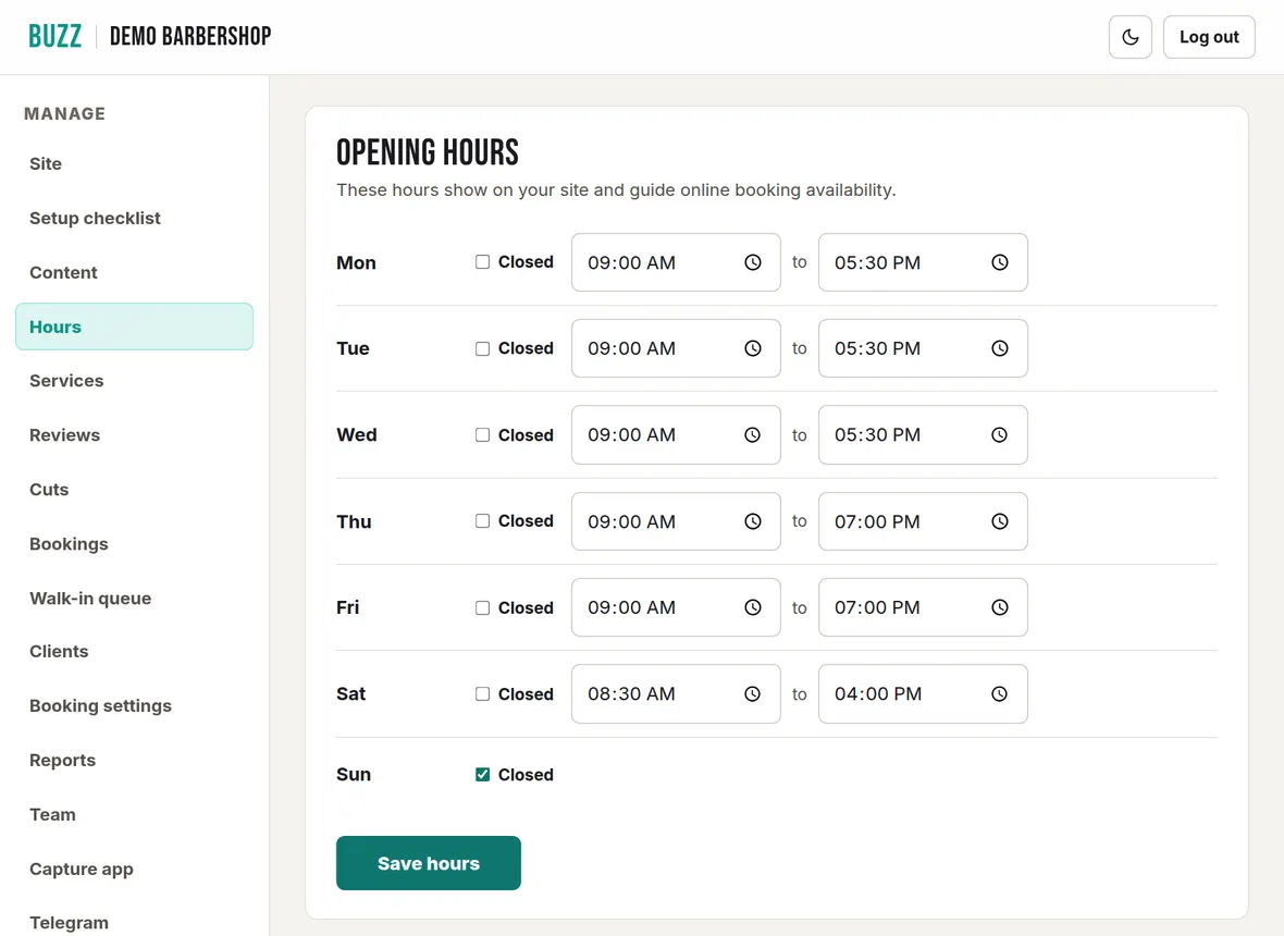 The Opening hours page in the Buzz console with an open and close time for each day and a Closed tick box