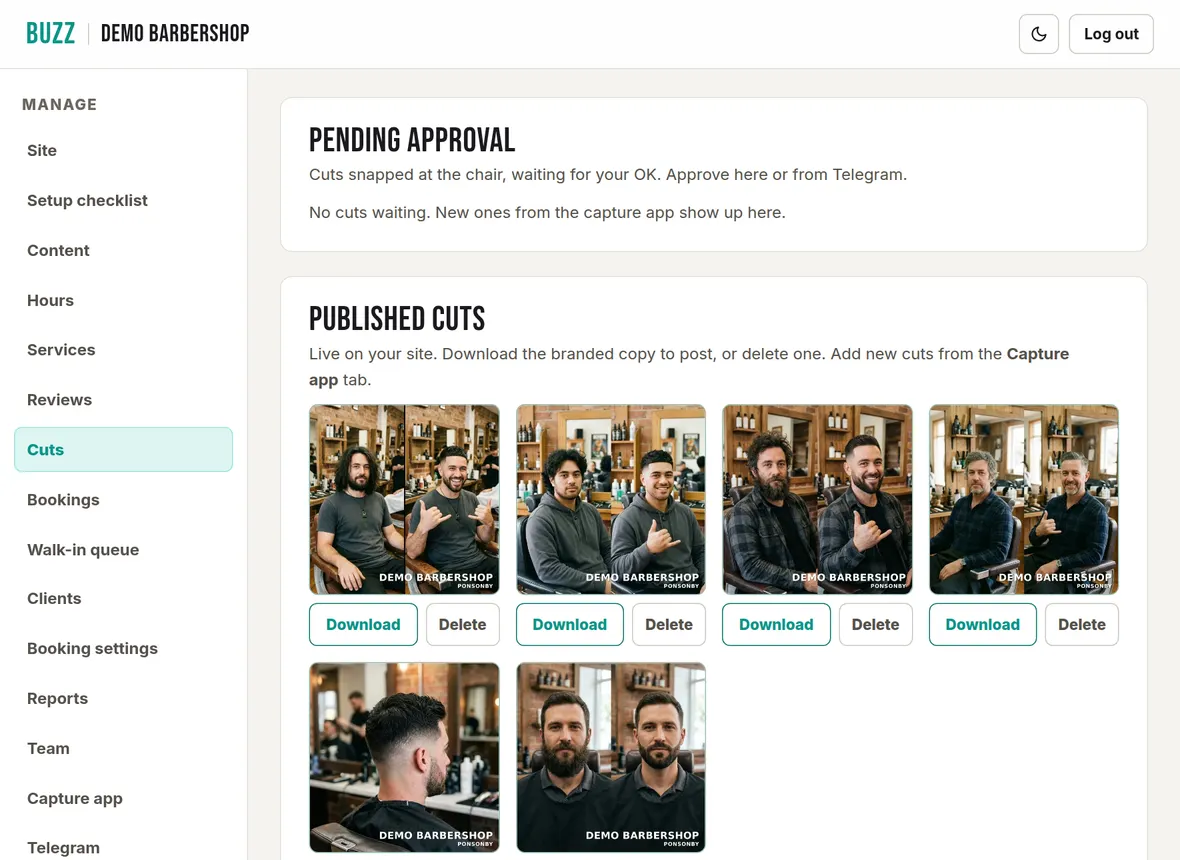 The Cuts page in the Buzz console showing cuts pending approval and the grid of published cuts with Download and Delete buttons
