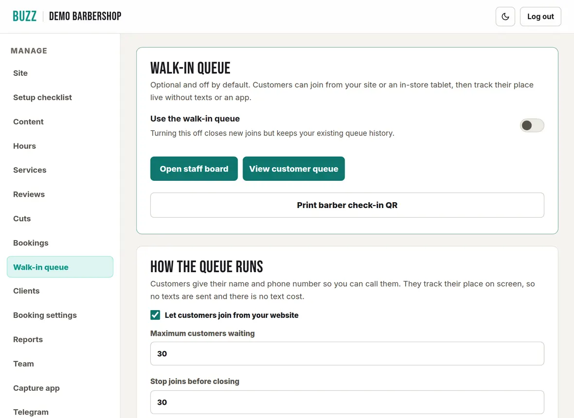 The Walk-in queue page in the Buzz console with the Use the walk-in queue switch and buttons to open the staff board and customer queue