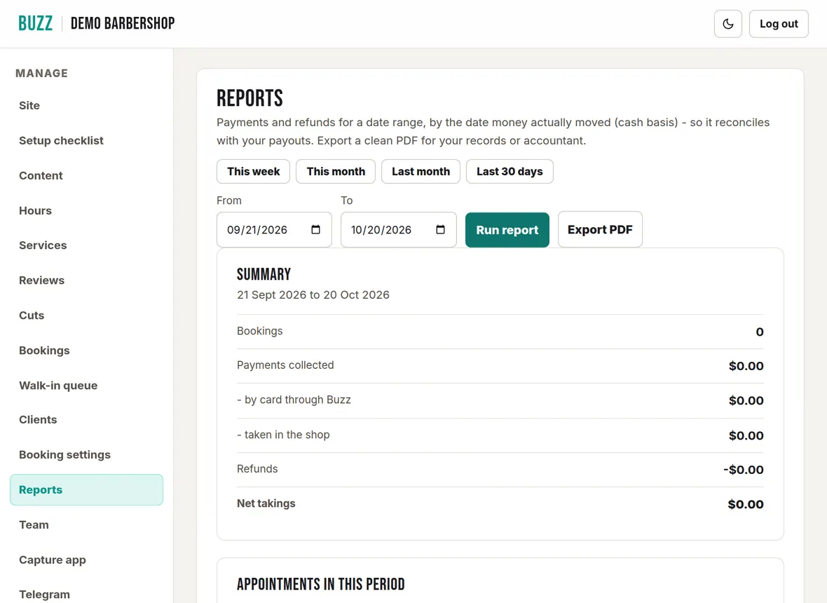 The Reports page in the Buzz console with date presets, From and To dates, and Run report and Export PDF buttons