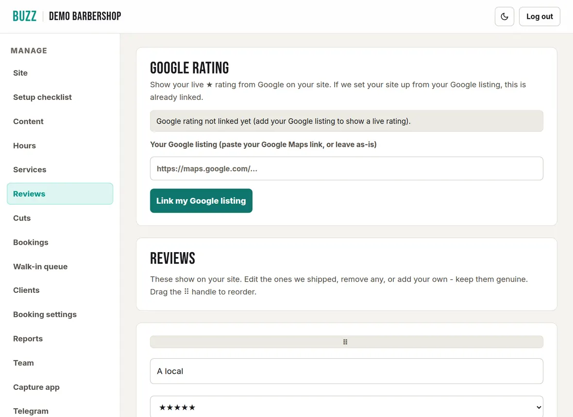 The Reviews page in the Buzz console showing the Google rating link and the list of reviews shown on the site