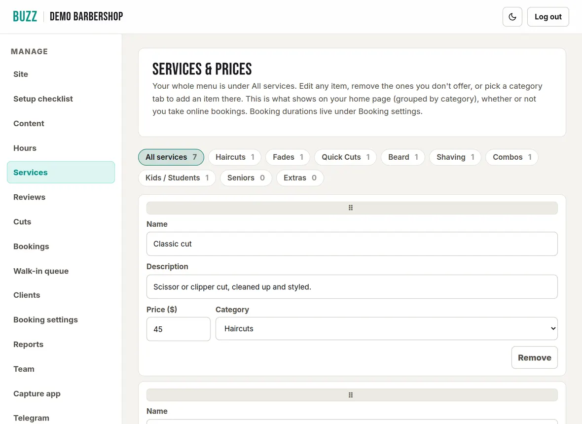 The Services and prices page in the Buzz console with category tabs and a list of services with names, descriptions, prices and categories