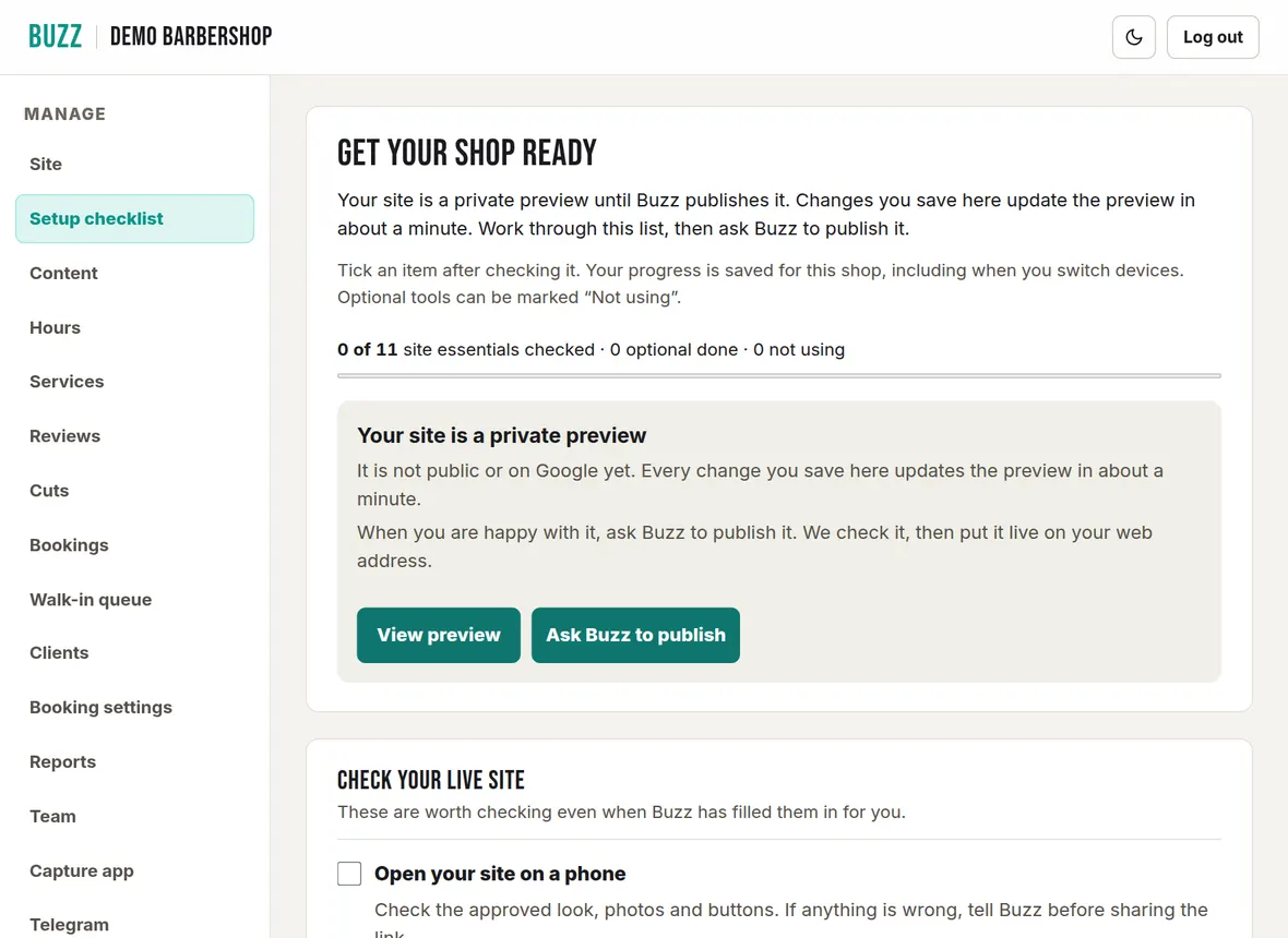 The Buzz setup checklist page showing progress through the site essentials and a list of items to tick