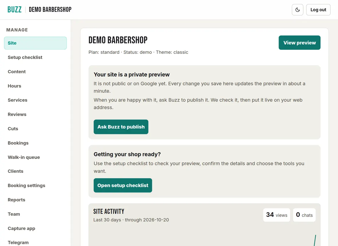 The Buzz shop console with the menu down the left and the Site page open