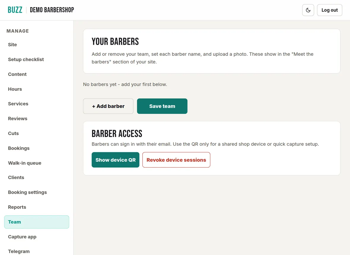 The Team page in the Buzz console with the Add barber and Save team buttons and the Barber access section