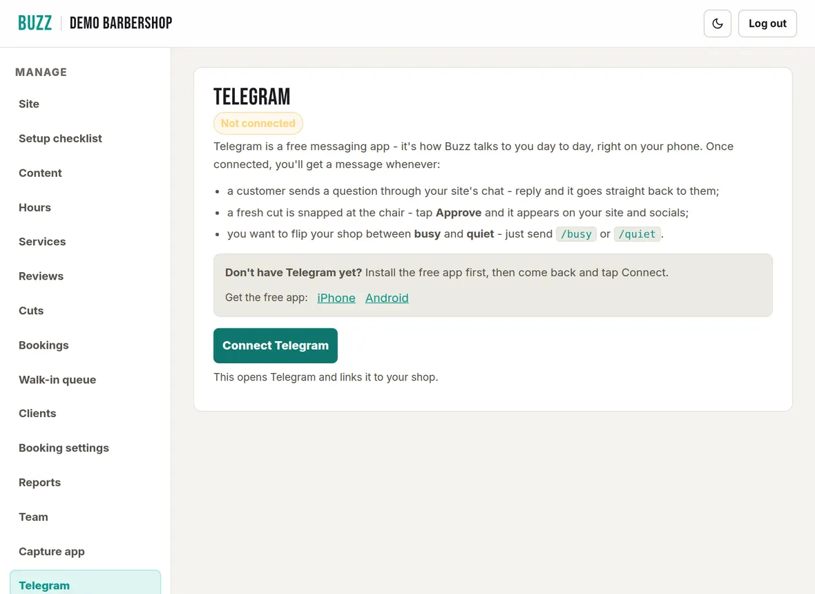 The Telegram page in the Buzz console explaining what Telegram is used for, with links to get the app and a Connect Telegram button