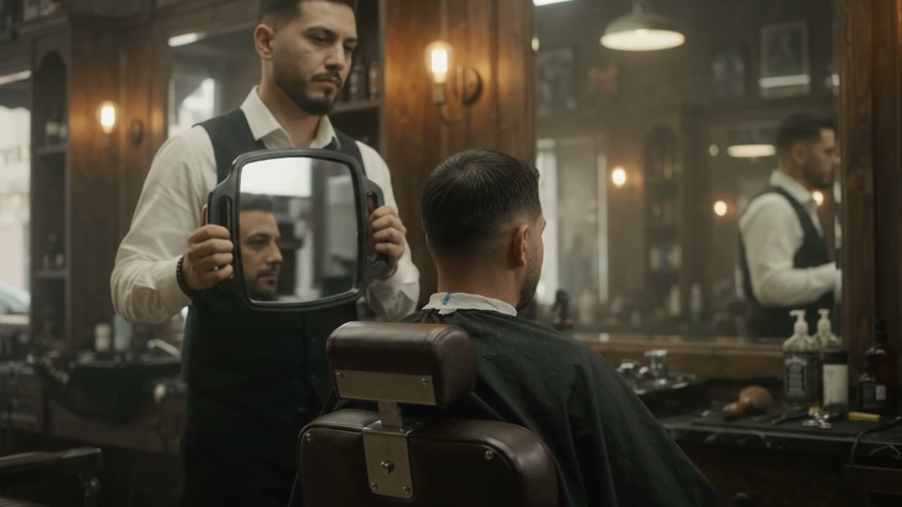 Barber holding up a mirror to show a client the back of a finished haircut
