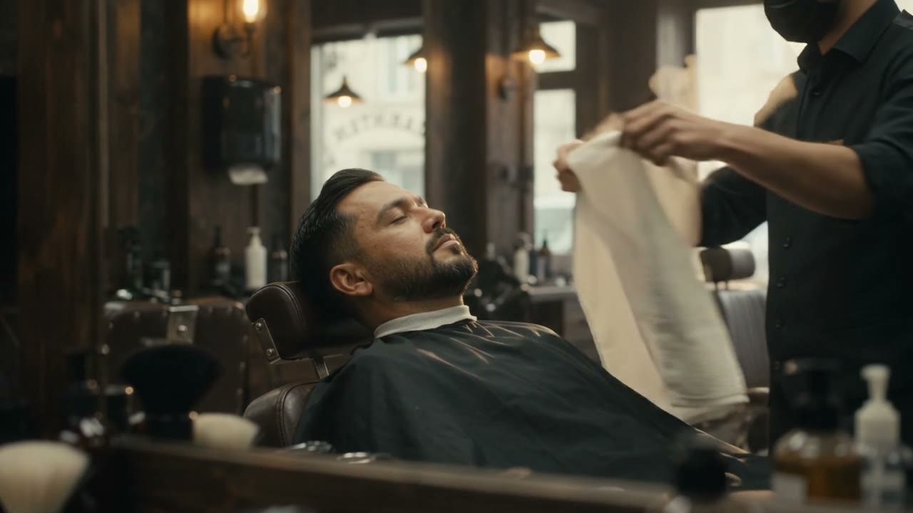 Barber applying a hot towel to a reclining client