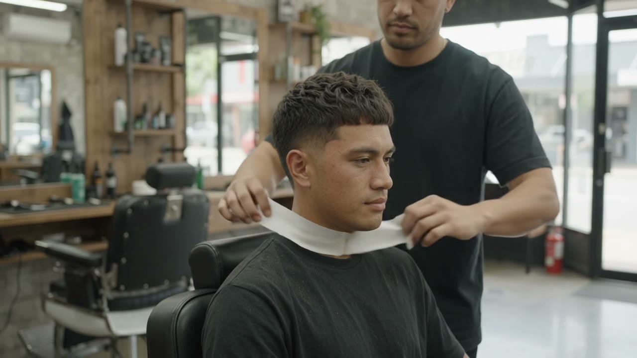 Barber finishing a client's haircut in a New Zealand barbershop
